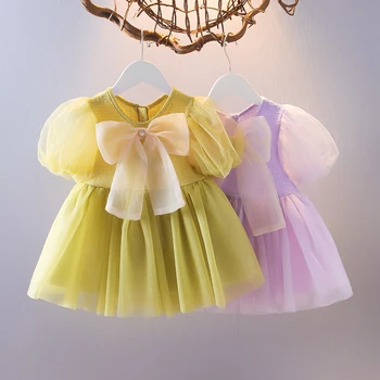 Menoea Yeni Yaz Bebek Kız Elbise Tatlı Dantel Örgü Parti Elbise bebek fiyonku Prenses Elbise Vestido Puf Kollu Bebek Çocuk Giysileri