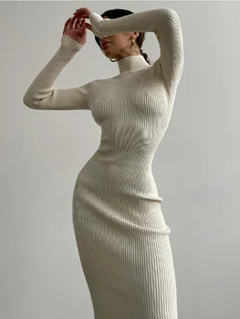Moda Bodycon Beyaz Örme Midi Elbiseler Kadınlar 2023 Sonbahar Kış Seksi Düz Renk Yüksek Sokak Yün Sıcak Elbise Zarif Tunik