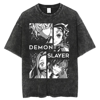 Moda iblis avcısı Anime Baskılı Yıkanmış O-boyun Kısa Kollu Büyük Boy T Shirt Yaz Streetwear Kısa Kollu Unisex üst