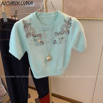 Nomikuma Moda Elmas O-Boyun Kısa Kollu Örme T-Shirt Kadın 2023 Yaz Yeni Üstleri Rahat Kore Tatlı Tee Gömlek