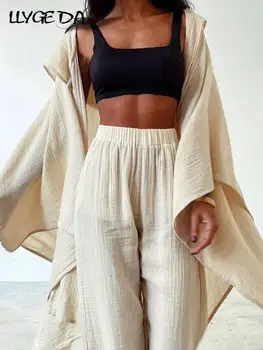Pamuk Keten Rahat İki Parçalı Kadın Takım Elbise Sonbahar Gevşek Uzun Kollu Hırka Yüksek Bel Pantolon Kadın Seti 2022 Moda Ev Tekstili Seti