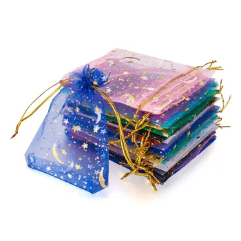 Pandahall 100 Adet 3 Stil Dikdörtgen Yıldız Ay Baskılı Organze hediye keseleri için Parti Şeker takı çantaları Takı Yapımı Hediye