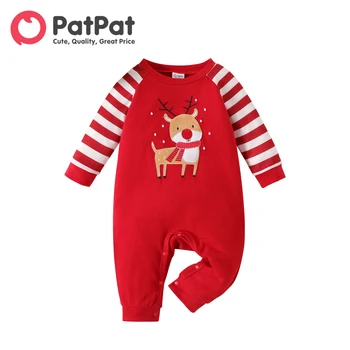 PatPat Noel Yenidoğan Erkek Bebek Giysileri Yeni Doğan Tulum Romper Ren Geyiği Grafik Kırmızı Çizgili Uzun kollu tek parça Tulum