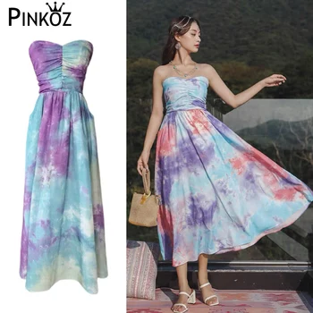 Pinkoz pist tasarımcısı boyama straplez kapalı omuz kadın midi elbiseler yaz tatili parti elbise gece vestidos vintage z