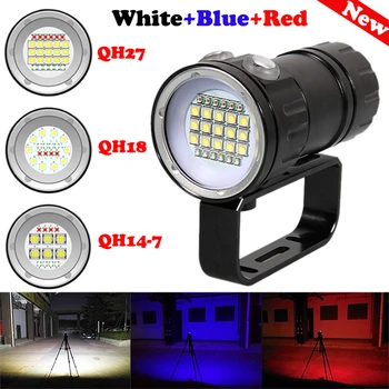 Profesyonel QH14 / 18 / 27 LED Tüplü Dalış el Feneri Beyaz ve Kırmızı ve Mavi sualtı 80m su Geçirmez fotoğraf kamera Video dolgu ışığı