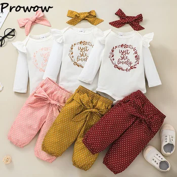 Prowow 0-18M Bahar Sonbahar Bebek Kız Kıyafet Seti Moda Mektubu Baskılı Romper + Kuşaklı Nokta Pantolon + Kafa Bandı Yenidoğan Giyim Kızlar İçin