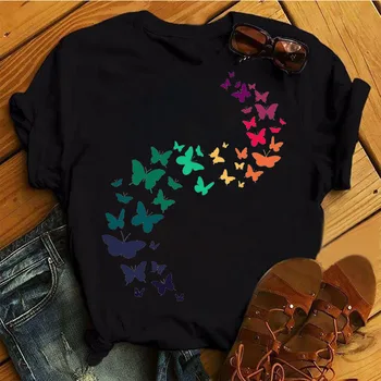 Renkli Kelebekler Baskı T Shirt Yeni Moda Kadınlar Kadın T Shirt gündelik üst giyim Kadın Harajuku grafikli tişört Bayan T-shirt