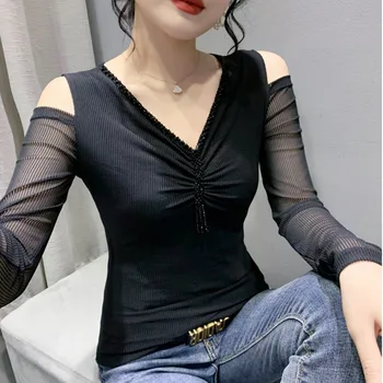 Sonbahar Kapalı Omuz T Shirt Kadın V Yaka Elmas Sıkı Tee Seksi İnce Elastik Uzun Kollu Tişört Kadın Kore Tarzı
