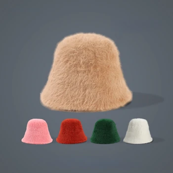 Sonbahar ve Kış Yeni Tavşan Kürk Kova Şapka Kadınlar için Kore Versiyonu Sıcak Düz Renk Panama Havzası Kapaklar Bob Gorros