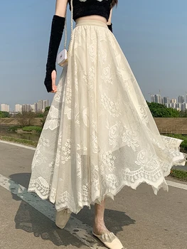 SURMİİTRO Uzun Midi Çiçek Dantel Tül Etek Kadın 2023 Yaz Kore Moda Zarif Estetik Yüksek Bel Etek Kadın