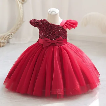 Toddler Bebek Kız Parti Elbiseler Pullu Kırmızı Noel Elbise Kız Bebek 1 Yıl Doğum Günü Düğün Prenses Vaftiz Elbisesi