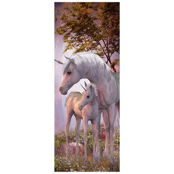 Unicorn At Kapı Çıkartmalar Midilli 3D Duvar Sanatı Vinil Duvar Ev Dekorasyon Orman Manzara Posteri Sevimli Hayvan Duvar Kağıdı 77 * 200 CM