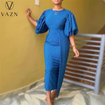VAZN 2021 Sıcak Liste High-end Mavi Tatlı Genç Seksi Kulübü Yarım Puf Kollu Moda kadın İnce Maxi Elbise