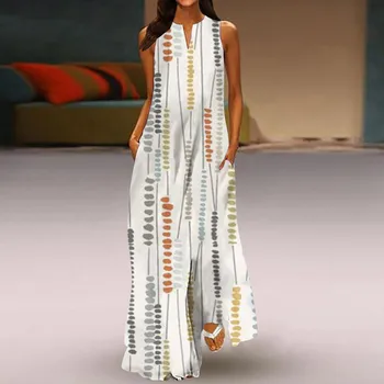 Vintage Casual Baskı Kadın Elbise 2023 Yaz Kolsuz Yuvarlak Boyun Gevşek Maxi uzun elbise Kadınlar İçin Günlük Giyim Vestidos
