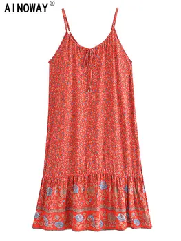 Vintage Chic Kadınlar Kırmızı Çiçek Baskı Kolsuz Spagetti Kayışı Plaj Bohemian Elbiseler Bayanlar Yaz Boho Midi Elbise Robe