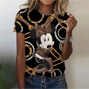 Vintage Kadınlar Çiçek Baskı T Shirt Yaz Rahat Kısa Kollu O-boyun Bayanlar Disney Minnie Mickey Mouse Üstleri 3D Streetwear Boyutu