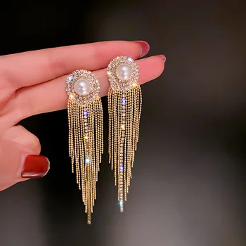 Vintage Püskül Kristal Dangle Küpe Kadınlar İçin Geometrik Zincir Uzun Tam yapay elmas küpe Moda Gösterisi Takı 2022
