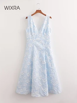 Wixra Kadın evaze elbise Derin V Yaka Backless Çiçek Baskı Kolsuz İlkbahar Yaz Zarif Tatlı Kadın İnce Seksi Gece Elbisesi