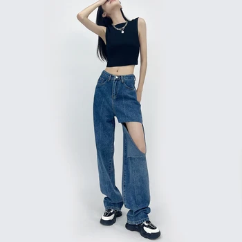 XS-XXL Hip Hop Yırtık Kot Kadın Moda Yüksek Bel Vintage Streetwear Delik Düz Kot pantolon Geniş Bacak günlük pantolon Baggy