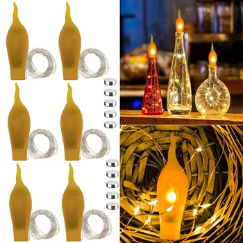 Yanıp sönen mum alevi ile 6 paket şarap şişesi mantarı ışıkları, 2M 20 LEDs pille çalışan şarap şişesi ışıkları