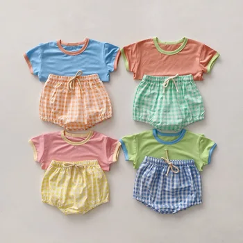 Yaz Şeker Renk Seti Çocuk Moda Patchwork Sevimli T-shirt Kız Bebek Kazak Üstleri Ekose Pamuk Şort Bebek Erkek Toddler
