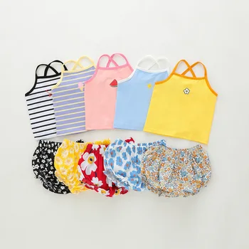 Yeni Doğan İki parçalı Düz Renk Yelek + Baskı kısa pantolon Yaz Giyim Bebek Kız Pamuk İnce Kolsuz Güneş üst Sevimli Setleri Bebek