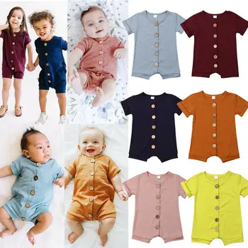 Yeni Yaz Toddler Erkek Bebek Kız 0-24M Katı Romper Kısa Kollu Tek Göğüslü Rahat Tulum Sunsuit Kıyafet Giysileri
