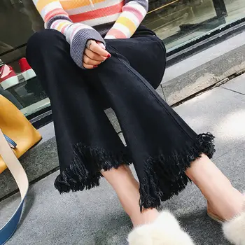 Yüksek Bel çan dipleri kadın kot Siyah 9 noktalı Kore Versiyonu Püskül geniş bacak pantolon