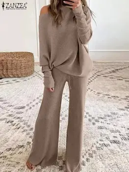 ZANZEA Moda Kadın Eşleşen Setleri Kıyafetler Uzun Kollu Bluz Pantolon Setleri Sonbahar Rahat Kentsel Setleri Eşofman 2023