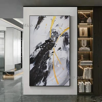Çerçevesiz Altın Folyo Yapıt Tasarımcı Beyaz Siyah Doku Duvar Resimleri Için Oturma Odası Dekor Soyut Modern Sanat Tuval Üzerine