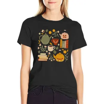 Çiçekli Kitaplar ve Çay T-Shirt kawaii giysileri yaz üstleri yaz üst kadın tee gömlek