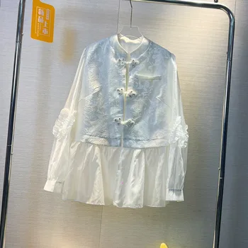 Şık Beyaz Gömlek Çin Düğmeleri Bahar Bluz Kadınlar Standı Yaka Uzun Kollu Üstleri Vintage Giyim весення рубазка